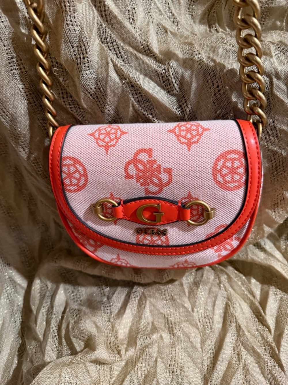 GUESS izzy logo mini Crossbody Bag orange canvas and faux leather